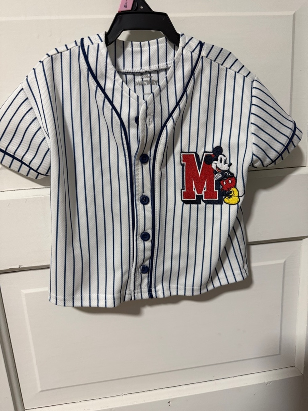 Disney Mickey Mouse White & Navy Pinstripe Baseball Tee for Kids